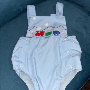 Light Blue Baby Romper with Train Design